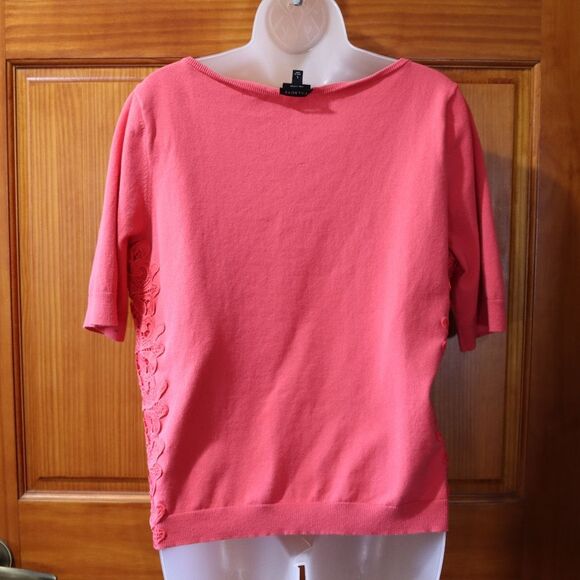 Talbots Coral Pink Floral Applique Cardigan Sweater Y2K Layering Large - Picture 10 of 12